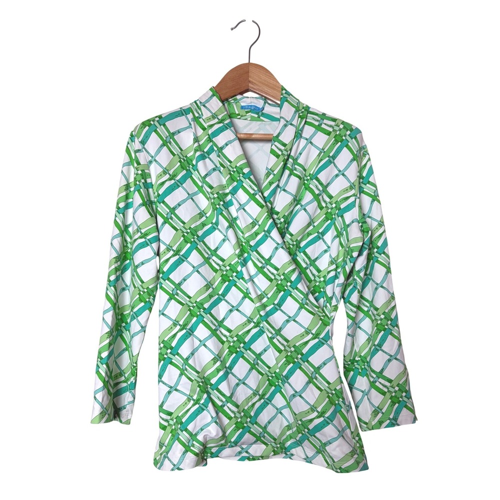 J.McLaughlin Green White Lattice‎ Catalina Cloth Faux Wrap Top Womens Small